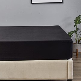 1 Piece Satin Fitted Sheet Only Classic Luxury Silky Soft Bed Sheets Solid Color (Black, Fitted Sheet(Queen))