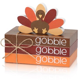 4PCS Thanksgiving Mini Wood Book Stack with Turkey - Fall Thanksgiving Tiered Tray Décor, Wooden Gobble Books Bundle Décor