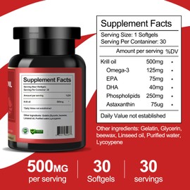 Antarctic Krill Oil 500 mg, Phospholipid-Bound Omega-3, EPA, DHA, and Astaxanthin - Easily Absorbed - Supports Brain, Heart, and Joint Health - Non-GMO, Gluten-Free, 30 Softgels