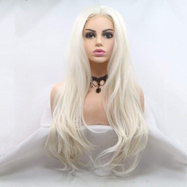 Xiweiya U Part Platinum Blonde Wavy Lace Wigs Long Hair Synthetic Blonde Lace Front Wigs Body Wave Hair White Queen Elsa Hairstyle Elsa Cosplay Wigs…