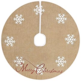 MACTING Small Christmas Tree Skirt, 23 Inch Burlap Tree Skirt with 8 White Snowflake, Farmhouse Tree Mat for Xmas Holiday Indoor Home Winter Christmas Tree Decor