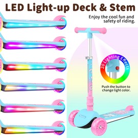 BELEEV Kids Scooter with LED Light-Up Wheels & Deck & Stem, 3 Wheel Folding Scooter for Toddlers Girls Boys Ages 3-12, Extra Wide Wheel, Adjustable Handlebar, Kick Scooter for Children (Blue Pink)