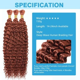 Dark Ginger Human Braiding Hair Deep Water Wave Bulk Human Hair 150g 20 Inch Color 350 Curly Human Hair for Boho Braids Hair Extensions No Weft 3 Braids Per Pack Wet and Wavy