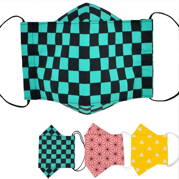 Angel's Closet Demon Slayer Style Boatskin Mask, Easy to Breath 3D Mask, Washable Cloth Mask, Checkered Pattern, Green/Black/Green, Made in Japan, Minister Mask, Boat-shaped, 100% Cotton, Kids, Popular, 1 Piece Set, Individually Packaged, L