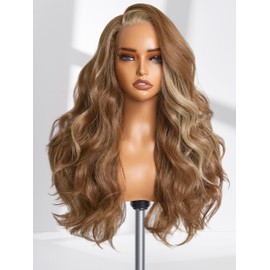 GORGIUS Brown with Blonde Highlight Loose Wave Lace Front Wigs Glueless Pre Plucked Side Part Synthetic Long Wig 24 Inch