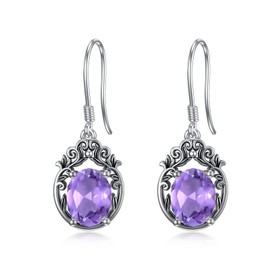 Althum 925 Sterling Silver 7 x 9 mm Oval Garnet Amethyst Emerald with Vintage Filigree Earrings for Women, Sterling Silver, Amethyst