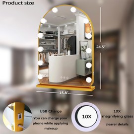 THEKLA Gold Arch Hollywood Vanity Mirror with Lights Dimmable 3Color 12 Bulbs Hollywood Vanity Lighted Mirror for Bedroom Wall Detachable Base Stand X10 Magnifying Arch Vanity Makeup Desk Table Mirror