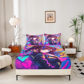 Erosebridal - Sábana bajera ajustable de anime para niñas, niñas, adolescentes, adultos, recámara de dibujos animados, juego de ropa de cama Kawaii, 3 piezas, color morado