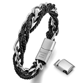 murtoo Mens Bracelet Leather and Steel, Stainless Steel Chain Bracelet with Braided Leather and Magnetic Clasp, Stylish Gift for Men Boys (Silver, Black Braided Leather, 8.5")