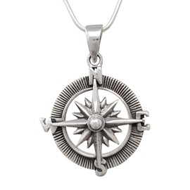 Treasure Bay Men's Compass Silver Pendant Necklace | Compass 925 Silver Pendant Necklace on Chain for Men and Women, Seamen Pendant