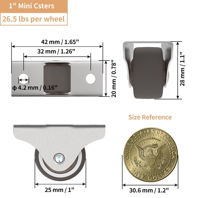 Chegulu 1" Mini Low Profile Fixed Plate Casters, TPR Furniture