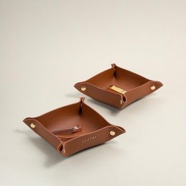 OLETHA Small Foldable Valet Tray, Set of 2 - Aesthetic Desk Organizer for Home, Office & Travel - Portable Catch All Bowl for Keys, Jewelry & Essentials - Brown