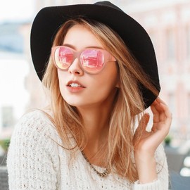 URUMQI Over Glasses Sunglasses Womens, Trendy Round Cat Eye Sun Shades Cover, Polarised UV400 Protection TAC Lens - Pink