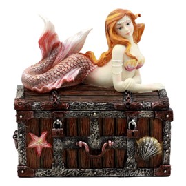 Ebros Pink Tailed Mermaid Nerida Resting On Sunken Treasure Chest Jewelry Box Figurine 5.25"L Decorative Trinket Keepsake Of Under The Sea Ocean Marine Life Sculpture Decor (Vibrant Colors)