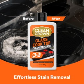 CleanCrown 3-in-1 Cooktop Cleaner Kit (8.8 Oz Cooktop Cleaner + Scrubbing Pad + Scraper), Stovetop Cleaner for Electric Top Stoves, Ceramic Cooktops & Fireplace Glass, Remove Burned on Food, Grease
