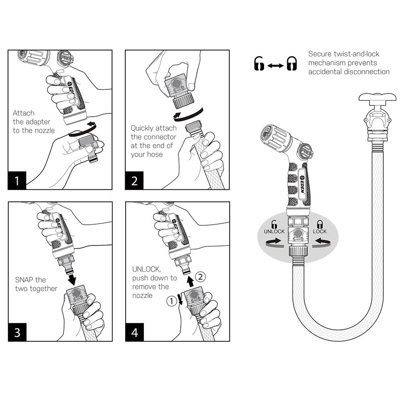 Eden 94827 Heavy Duty Metal Garden Hose Thumb-Control 4-Pattern Nozzle