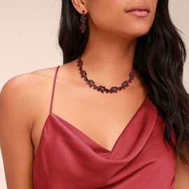 Ever Faith Art Deco Costume Jewelry Set Hollowed-out Marquise Crystal Leaf Cluster Necklace Dangle Earrings Set Ruby Red Black-Tone