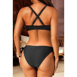 Aqua Eve Women Bikini Set - Two Piece Swimsuit Low Rise Bathing Suit Knot Tie Bikini Black M