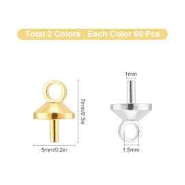 SUNNYCLUE 1 Box 120 Pieces 2 Colours Stainless Steel Cup Pearl Bail Pin Peg Pendant Metal Small Hole Cup Pearl Screw Eye Pinch Bails for Half Drilled Beads Charms Jewellery Making