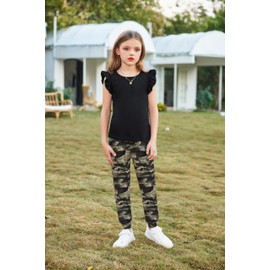 Arshiner Girls 2 Piece Outfits Sleeveless Ruffle Trim Tank Top and High Waist Print Pants Set Summer Clothes with Pockets