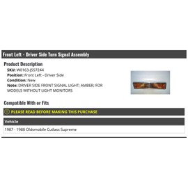 Marketplace Auto Parts Front Left Driver Side Turn Signal Assembly - Compatible with 1987-1988 Oldsmobile Cutlass Supreme