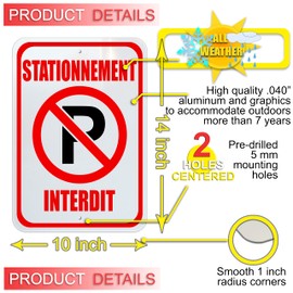 Stationnement Interdit, Panneau de Stationnement, 10 par 14 pouces, Aluminium sans Rouille, Protégé Contre les UV, Résistant aux Intempéries, Imperméable à l’eau, Trous Faciles à Monter. Rouge et Noir Sur Blanc Avec Symbole P. French No Parking Sign (14x