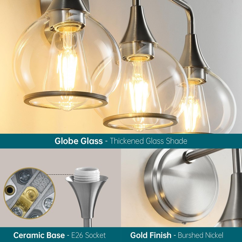 HAHZT Brushed Nickel Bathroom Vanity Light 3 Lights Bathroom Light