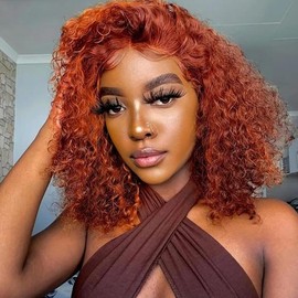 VRbest Ginger Bob Wig Human Hair Water Wave Ginger Lace Front Wigs Human Hair Deep Wave Curly Short Bob Wig 13x4 Lace Frontal Glueless Wigs Human Hair With Elastic Band - Size: 12 inch