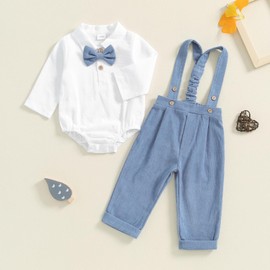 Newborn Baby Boy Gentleman Suit 0-24M Toddler Infant Boys Fall Winter Outfit Solid Color Long Sleeve Rompers With Bow Tie Shirts and Suspender Pants 2 Piece Clothes Set (Blue, 12-18 Months)