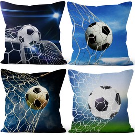 Aoihrraan 41 x 41 cm, Set of 4 Decorative The Goal Shooting Cushion Cover, Football, Football In Goal Net, Rustic Decorative Cushion Cover, Square Couch Cushion, Football Fit, Boys Sofa Bedroom