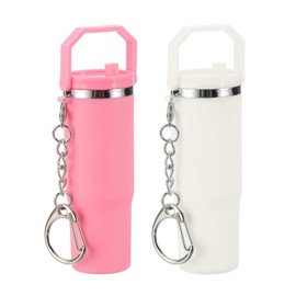 PATIKIL Mini Cup Keychain, 2 Pack Lip Balm Holder Mini Tumbler Key Chains Cute Decor Keychain Charm for Backpack Handbag Purse, Pink, White