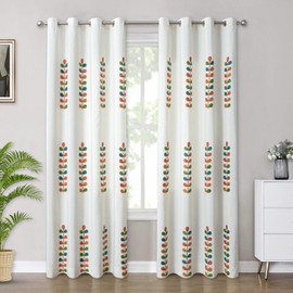 VOGOL 2 Panels Faux Linen Drapes for Living Room, Colorful Leaves Embroidered Light Filtering Curtains for Farmhouse, White Privacy Protection Grommet Window Treatments, 52 x 84 in