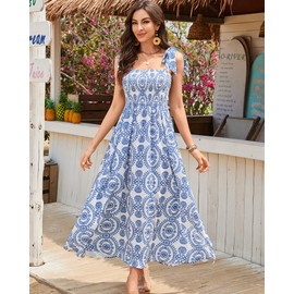 BROVAVE Women Summer Floral Dress: 2025 Casual Square Neck Flowy Boho Beach Midi Sundress - Sleeveless Tie Shoulder High Waist Design Vacation Party Daily Wear Dresses - Soft Elegant Long Sundresses
