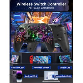 RJAD Switch Controllers for Nitendo Switch/OLED/Lite, Wireless Switch Pro Controller with 10 Colors Light, 1000mAh Rechargeable Switch Turbo Control with Vibration, 6-Axis Gyro, Turbo, Wake Up