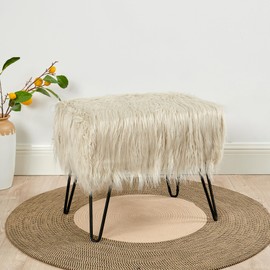 Home Soft Things Mongolian Faux Fur Ottoman, Oatmeal, 19'' x 13'' x 17'', Cozy Plush Fluffy Ottoman Foot Rest Stool for Living Room Bedroom Entryway Makeup Bench End of Bed Home Décor