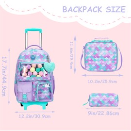 ZBAOGTW Cute Mermaid Rolling Backpacks with Wheels for Girls Aesthetic Rolling Backpack for Elementary with Lunch Box School Trolley Backpack for Girls School Supplies