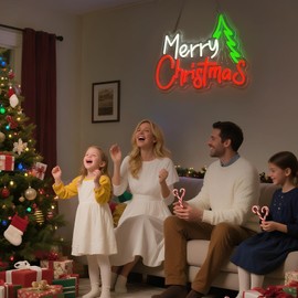 FRAMICS Merry Christmas Neon Sign for Wall Decor-10 Adjustable Brightness Light Up Christmas Decorations with Xmas Tree USB Powered Wall Neon Light for Windows, Living Room, Party, Office, Gifts