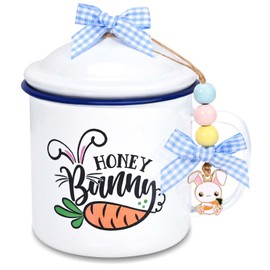 Easter Tiered Tray Decor Bunny Ceramic Canisters Craft Kit Include Ceramic Cup Candy Jar Wooden Beans Buffalo Plaid Bowknot Farmhouse Harvest Table Decoration Spring Centerpiece Supplies