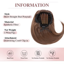 S-noilite Drawstring Hair Bun Ponytail Extensions, Short Ponytail Synthetic Comb Clip in Updo Hairpiece False Hair, 30 cm Straight Hepburn Scrunchies Bun Hairpiece, Ash Brown Mix Light Blonde