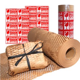 Toptoo Honeycomb Packing Paper Wrap 15"x131' Recycled Cushion Wrapping Roll Eco Friendly Moving Green Wrap with 20 Fragile Sticker Labels