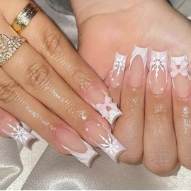 24Pcs Christmas Press on Nails Medium Square Fake Nails with Bow Charms Pink French Tip False Nails Winter Acrylic Nails Xmas Glue on Nails White Snowflake Artificial Nails for Women New Year Nails