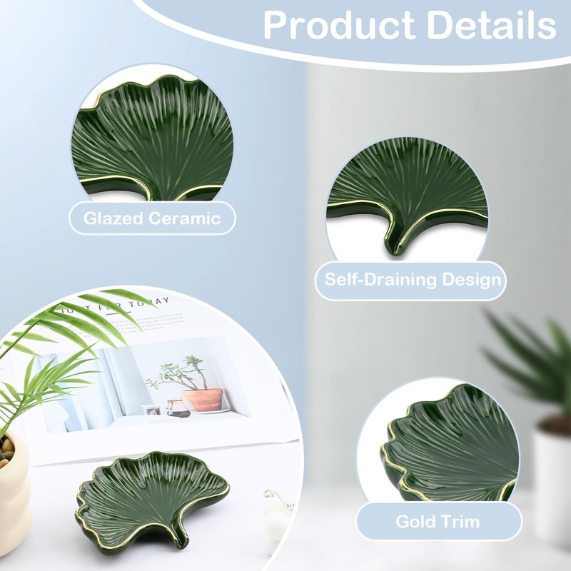YoHyien Ceramic Soap Dish with Drainage, Ginkgo Leaf Shaped Soap
