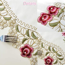 LeLehome 15 X 86 Inches Classic Table Runner, Flowers Embroidery Lace Beige Floral Washable Dresser Scarf X'Mas Table Top Dining Decoration - Red Rose