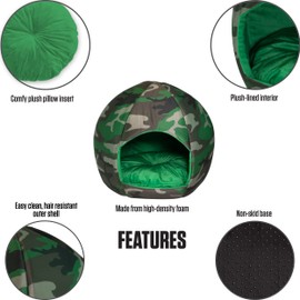 Maccabi Art Camo Dog Bed - Camoflage Themed Pet Bet - Fits Small Dogs, Puppies, Cats - Pillow Insert with Plush Lined Interrior, Non-Slip Igloo Design - 16 x 18 x 16