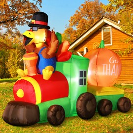 6FT Thanksgiving Inflatables Train, Fall Blow up Turkey Drive Train with Colorful Tail and Pumpkin Give Thanks Sign, Decorations Outdoor Built-in LED Lights Yard Autumn Holiday Harvest