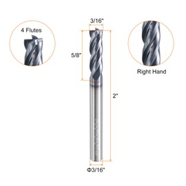sourcing map 5pcs Carbide Square Nose End Mill Bit 3/16" Cut Dia 4 Flutes TiAlN Coated Milling Cutter for Hardened Steel Metal (3/16" Shank 5/8" Cut Length 2" Long 45 Degree HRC53-55)
