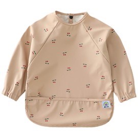 ARI MES Long Sleeves Waterproof Baby Bibs for Eating - Cherries, Small - Wearable, Coverall for Toddler, Long Sleeve Bib, Smock Apron for Feeding - Applicable for 6-72 Months