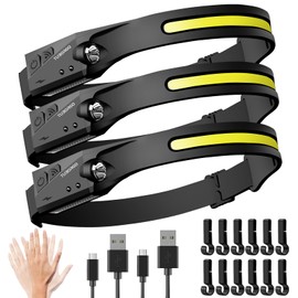 TUBORGO Rechargeable Headlamp 3PCS, 230° Wide Beam Head Lamp, Motion Sensor LED Headlamp Rechargeable, 6 Mode Headlamps for Adults, Bright Head Lights for Forehead, Hard Hat Headlight