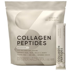 Sports Research® Collagen Peptides Protein Powder, 20 Packets (Unflavored) | 11g Grass-Fed Collagen, 10g Protein & 18 Amino Acids per Packet - Hair, S