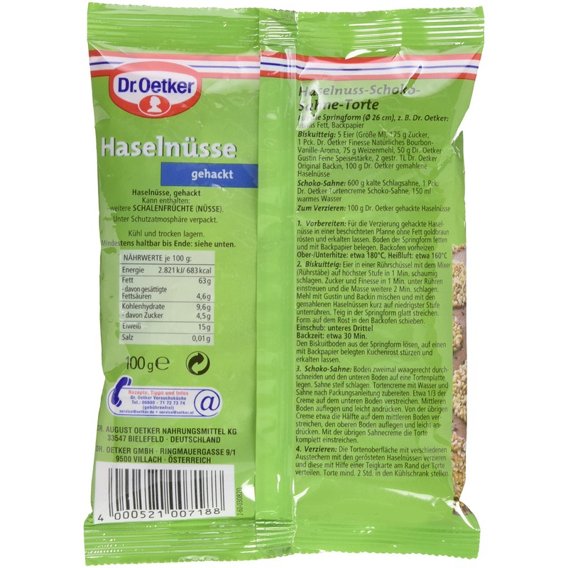Dr. Oetker Hazelnuts Chopped 100g Bag Roasted and Crushed Hazelnuts